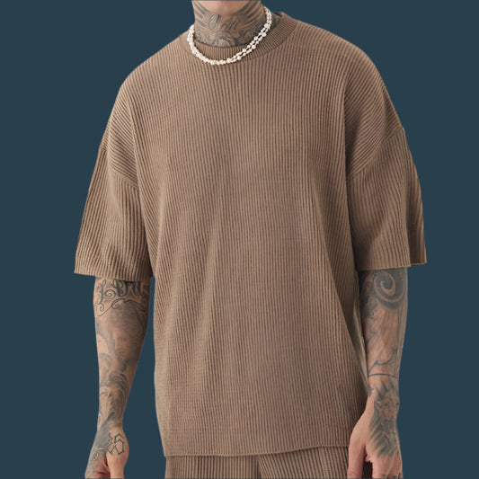 Heren Set – Casual Relaxte Pasvorm – Zacht Geribd Breisel – Top met Korte Mouwen & Korts