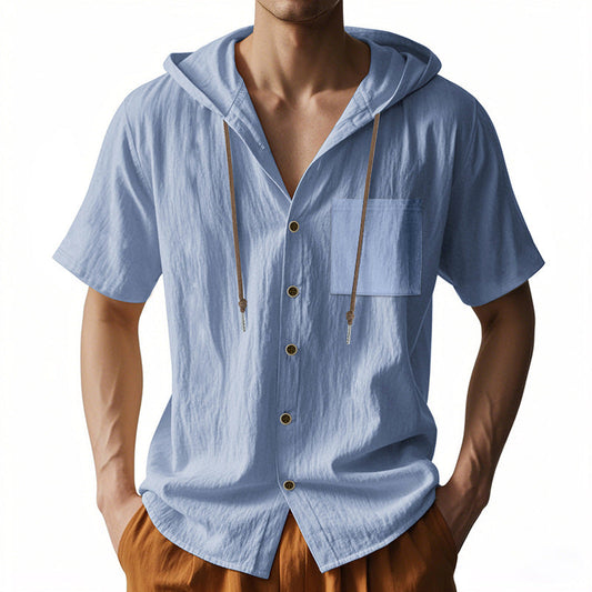 Heren Hooded Overhemd – Linnen – Relaxed Fit – Korte Mouw – Knoopsluiting Casual