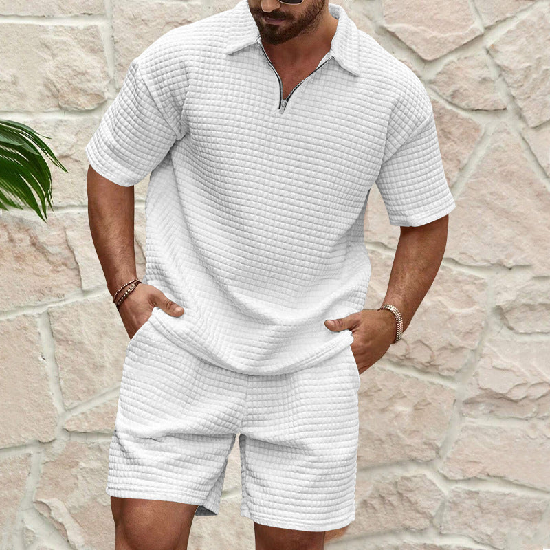 Heren Set – Ademend Textuurstof – Relaxte Pasvorm – Korte Mouwen Top & Korts