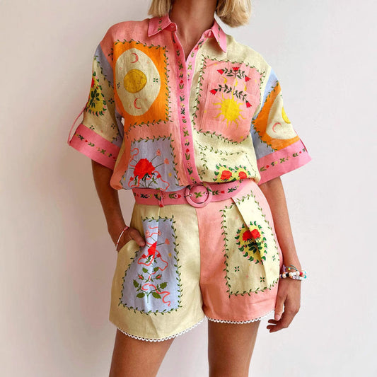 Dames Set Blouse en Shorts – Relaxte Pasvorm – Geborduurd – Hoge Taille met Riem