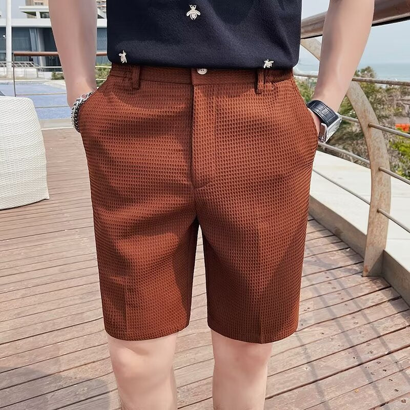 Heren Shorts – Slanke Pasvorm – Textuurstof – Knie Lengte – Met Riemlussen en Knoopsluiting
