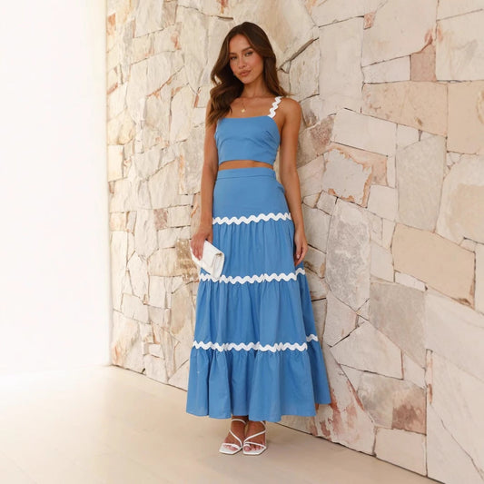 Dames Twee-Delige Set – Strapless Crop Top – Maxi Rok met Gelaagde Wavy Afwerking – Luchtige Katoen