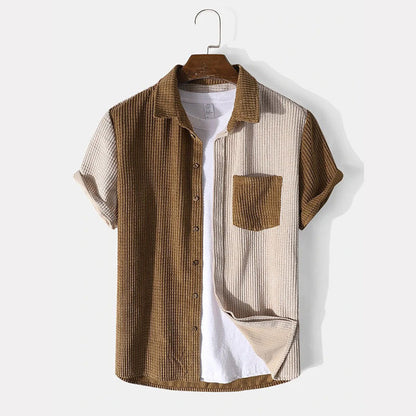 Heren Tweedelige Set – Wafelstructuur – Relaxte Pasvorm – Overhemd met Knoopsluiting & Short met Trekkoord