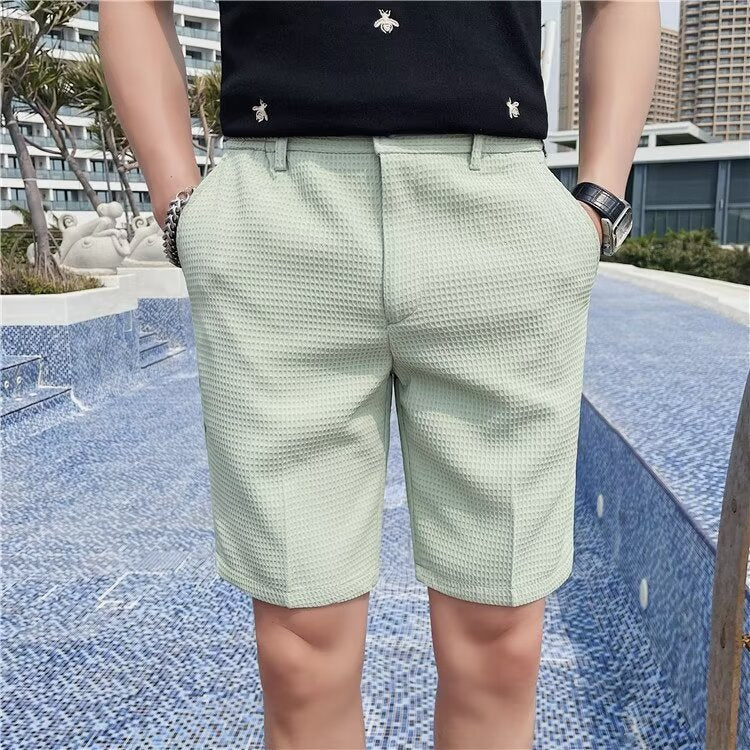 Heren Shorts – Slanke Pasvorm – Textuurstof – Knie Lengte – Met Riemlussen en Knoopsluiting