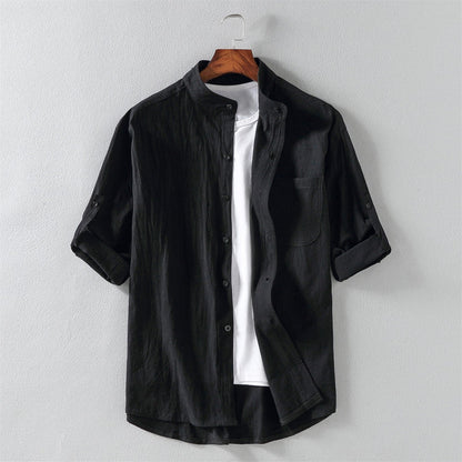 Heren Overhemd Korte Mouw – Linnenmix – Relaxed Fit – Mandarin Kraag – Casual Style
