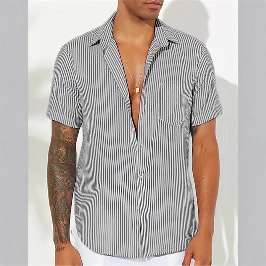 Heren Overhemd – Relaxed Fit – Korte Mouw – Gestreept – Ademend Natural Fabric