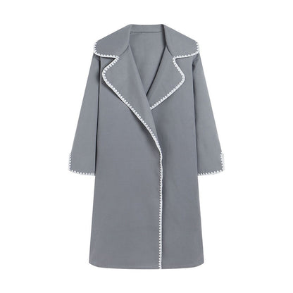 Dames Windbreaker Jas – Wol – Oversized Pasvorm – Lapel – Schelp Borduurwerk