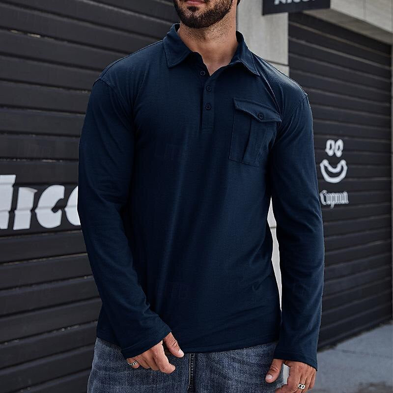 Heren Henley Polo Shirt – Katoen – Regular Fit – Lange Mouwen – Borstzak