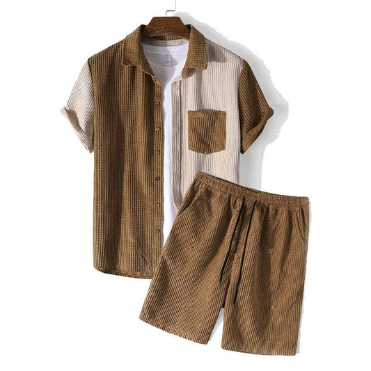 Heren Tweedelige Set – Wafelstructuur – Relaxte Pasvorm – Overhemd met Knoopsluiting & Short met Trekkoord
