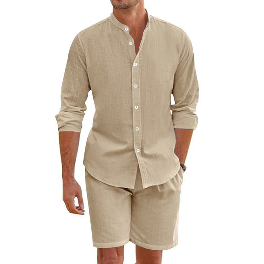 Heren Two-Piece Set – Linnen Mix – Relaxed Fit – Button-Up Shirt & Korte Broek
