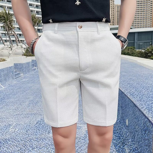 Heren Shorts – Slanke Pasvorm – Textuurstof – Knie Lengte – Met Riemlussen en Knoopsluiting