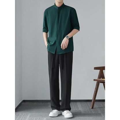 Heren Overhemd Lange Mouw – Linnen Look – Relaxed Fit – Mandarin Kraag