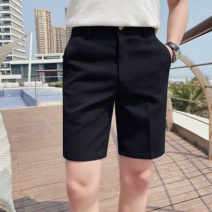 Heren Shorts – Slanke Pasvorm – Textuurstof – Knie Lengte – Met Riemlussen en Knoopsluiting