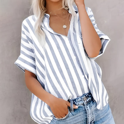 Dames Blouse Korte Mouw – Relaxed Fit – Katoen – Open Front – Diagonaal Gestreept