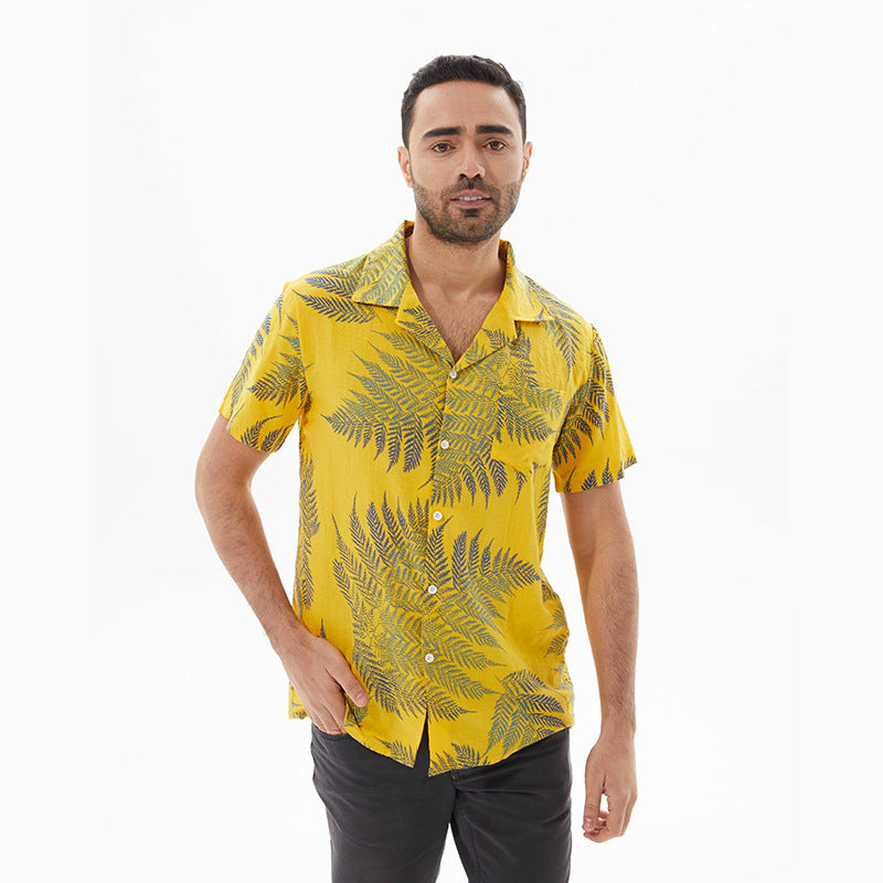 Heren Overhemd Korte Mouw – Relaxed Fit – Ademend – Bladerenprint – Casual Style