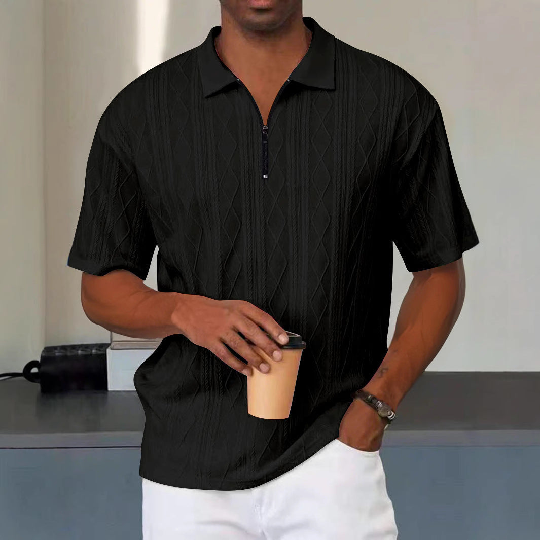 Heren Polo Shirt – Relaxed Fit – Zacht Breisel – Zip Kraag – Kabelstructuur