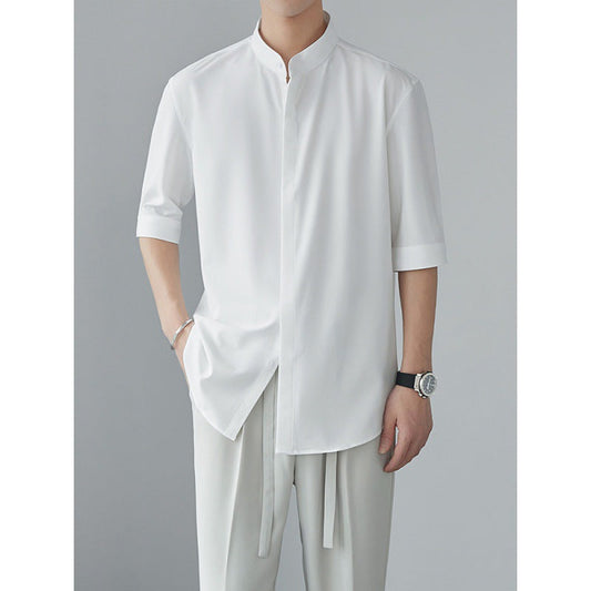 Heren Overhemd Lange Mouw – Linnen Look – Relaxed Fit – Mandarin Kraag