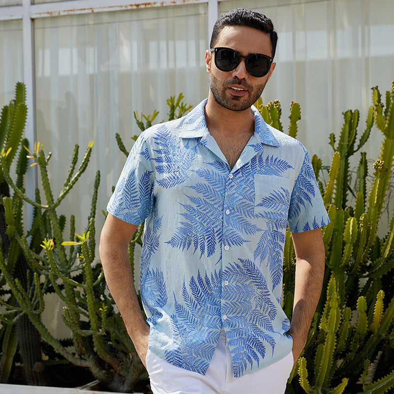 Heren Overhemd Korte Mouw – Relaxed Fit – Ademend – Bladerenprint – Casual Style