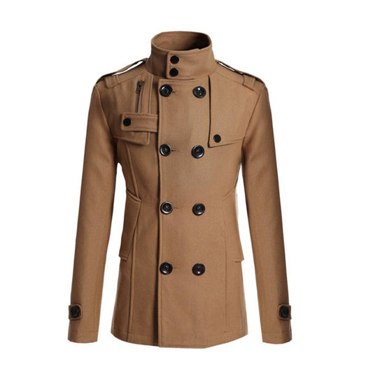 Heren Mantel – Slim Fit – Wolmix – Dubbele Rij Knopen – Hoge Kraag – Epauletten