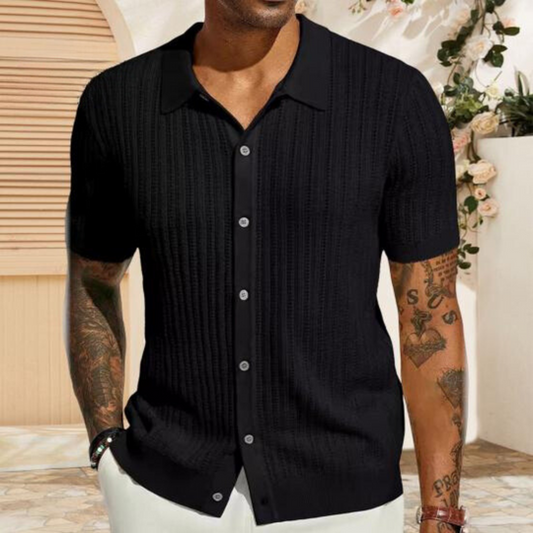Heren Korte Mouwen Gebreid Shirt – Regular Fit – Zachte Ribstructuur – Knopen Voorzijde