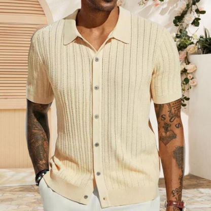 Heren Korte Mouwen Gebreid Shirt – Regular Fit – Zachte Ribstructuur – Knopen Voorzijde