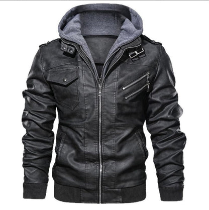 Heren Leren Jas – Slim Fit – Capuchon – Ritsluiting – Ribboord – Epauletten
