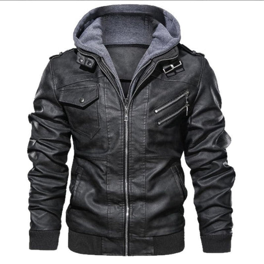 Heren Leren Jas – Slim Fit – Capuchon – Ritsluiting – Ribboord – Epauletten