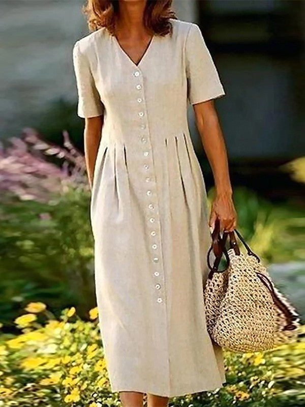 Dames Midi Jurk – Natuurlijke Stoffen – Relaxte Pasvorm – Knoopsluiting – Korte Mouw