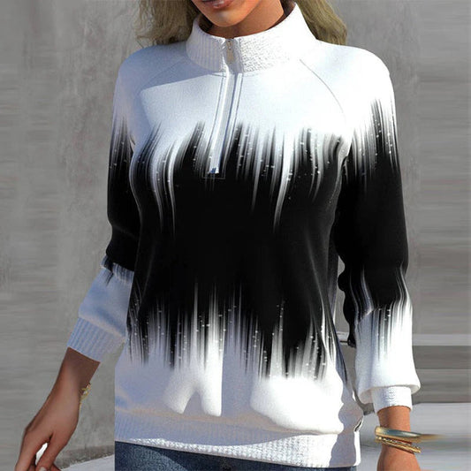 Dames Sweatshirt – Relaxed Fit – Half-Zip Kraag – Ribboorden – Gradient Design