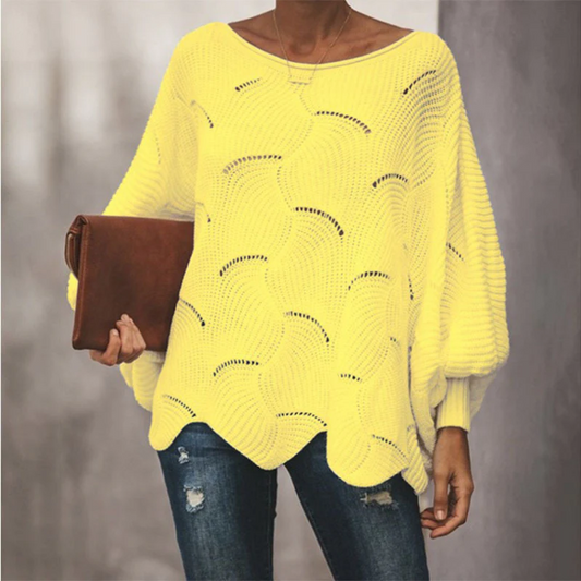 Dames Trui – Relaxed Fit – Wolmix – Vleermuismouwen – Opengebreid – Scallop Zoom