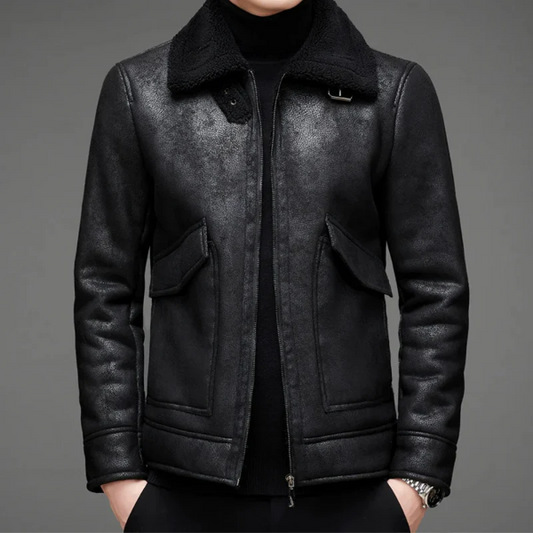 Heren Leren Jack – Regular Fit – Shearling Kraag – Ritsluiting – Vintage Stijl