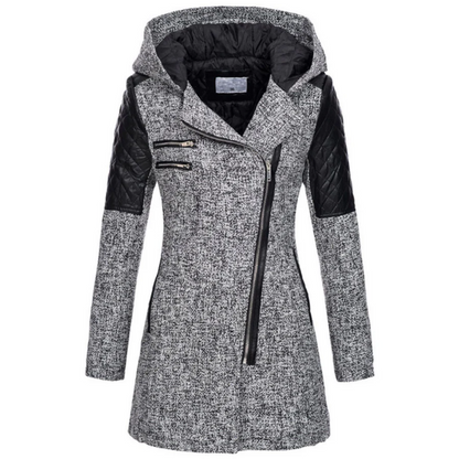 Dames Jas – Getailleerd Model – Tweedlook – Gewatteerde Mouwen – Asymmetrische Rits – Met Capuchon