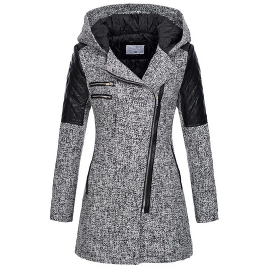 Dames Jas – Getailleerd Model – Tweedlook – Gewatteerde Mouwen – Asymmetrische Rits – Met Capuchon