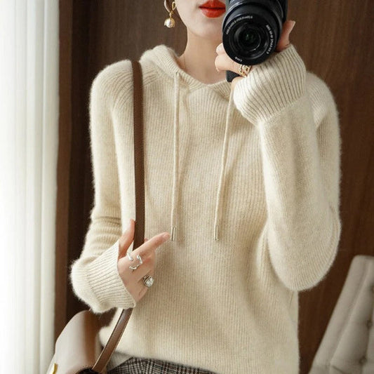 Dames Hoodie Pullover – Wolmix – Relaxte Pasvorm – Ribboord – Lange Mouwen Casual