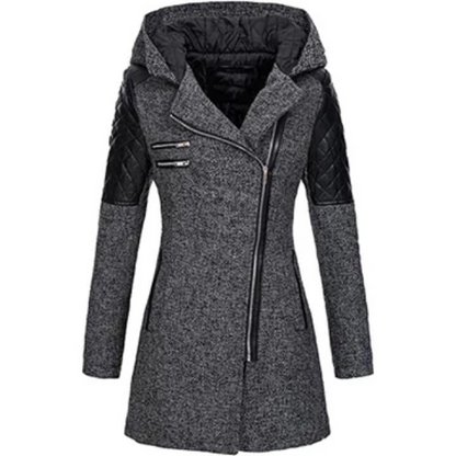 Dames Jas – Getailleerd Model – Tweedlook – Gewatteerde Mouwen – Asymmetrische Rits – Met Capuchon