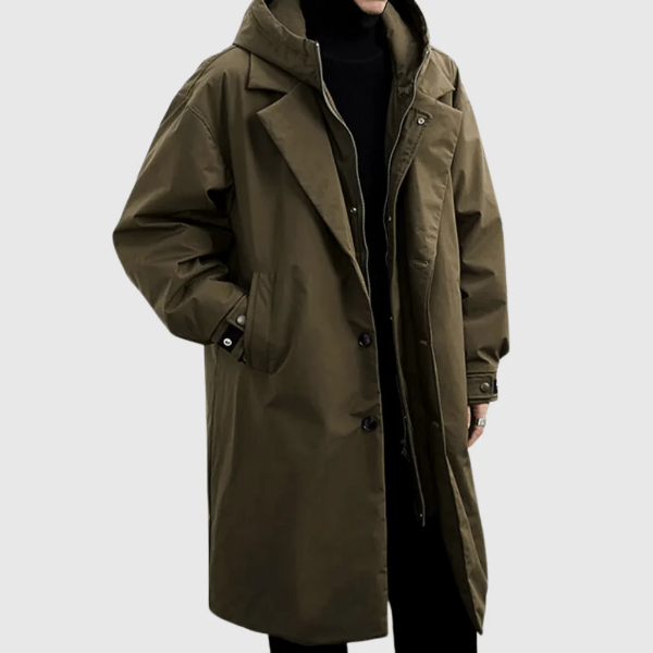 Heren Regenjas – Relaxed Fit – Waterdicht – Lange Lengte – Capuchon met Ritssluiting en Knopen