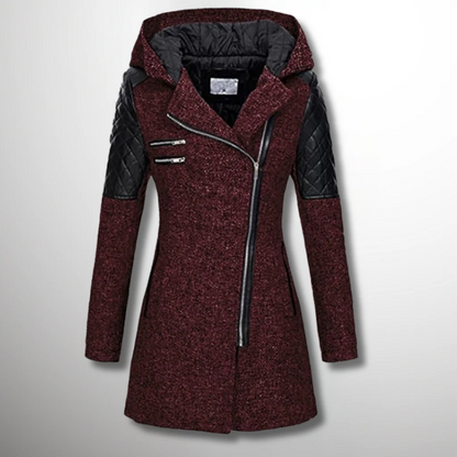 Dames Jas – Getailleerd Model – Tweedlook – Gewatteerde Mouwen – Asymmetrische Rits – Met Capuchon
