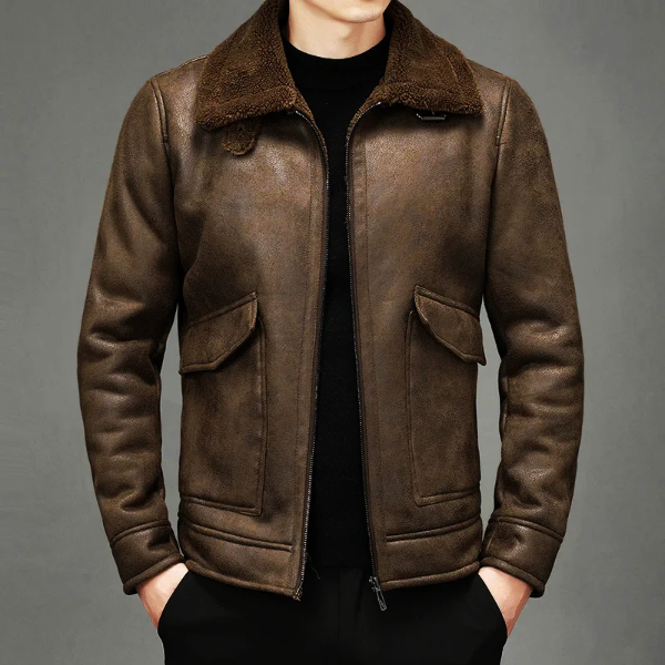 Heren Leren Jack – Regular Fit – Shearling Kraag – Ritsluiting – Vintage Stijl