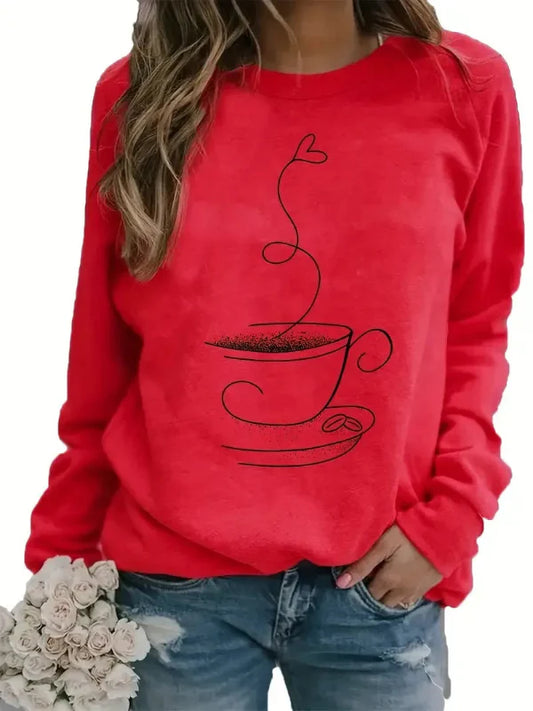 Dames sweatshirt – Relaxed fit – Katoenmix – Koffieprint – Ronde hals – Lange mouw