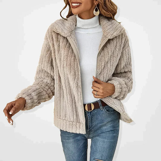 Damesjas – Relaxed Fit – Geribbeld Textuur – Hoge Kraag – Ritssluiting Casual