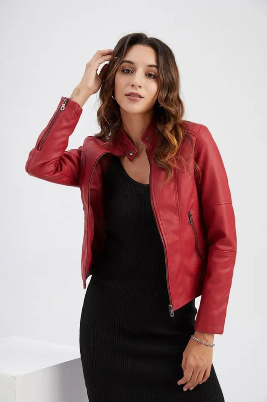 Dames Leren Jas – Getailleerd Model – Staande Kraag – Zakken met Rits – Lange Mouw