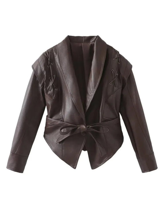 Dames leren jas – Tailored fit – Sjaalkraag – Ceintuur – Vetersluiting schouder