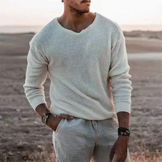 Heren trui – Relaxed fit – V-hals – Geribd breisel – Wolmix – Lange mouwen